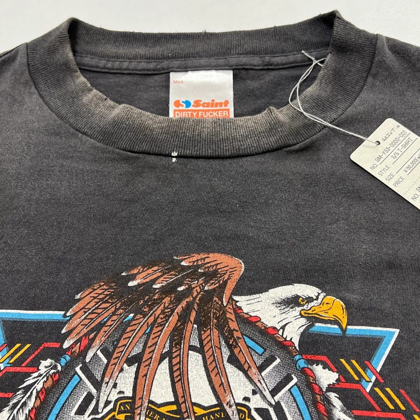 More details SAINT Mxxxxxx x TEFLON DISCO SAINT DISCO ML_LS TEE/BLK Eagle Feather Spider Web Distressed Long Sleeve S-XL Ready-to-wear Assute dyeing, water spray fading treatment, customized TEFLON DISCO co-branded accessories, hand-splashed ink, wormhole fraying treatment, genuine level printing process